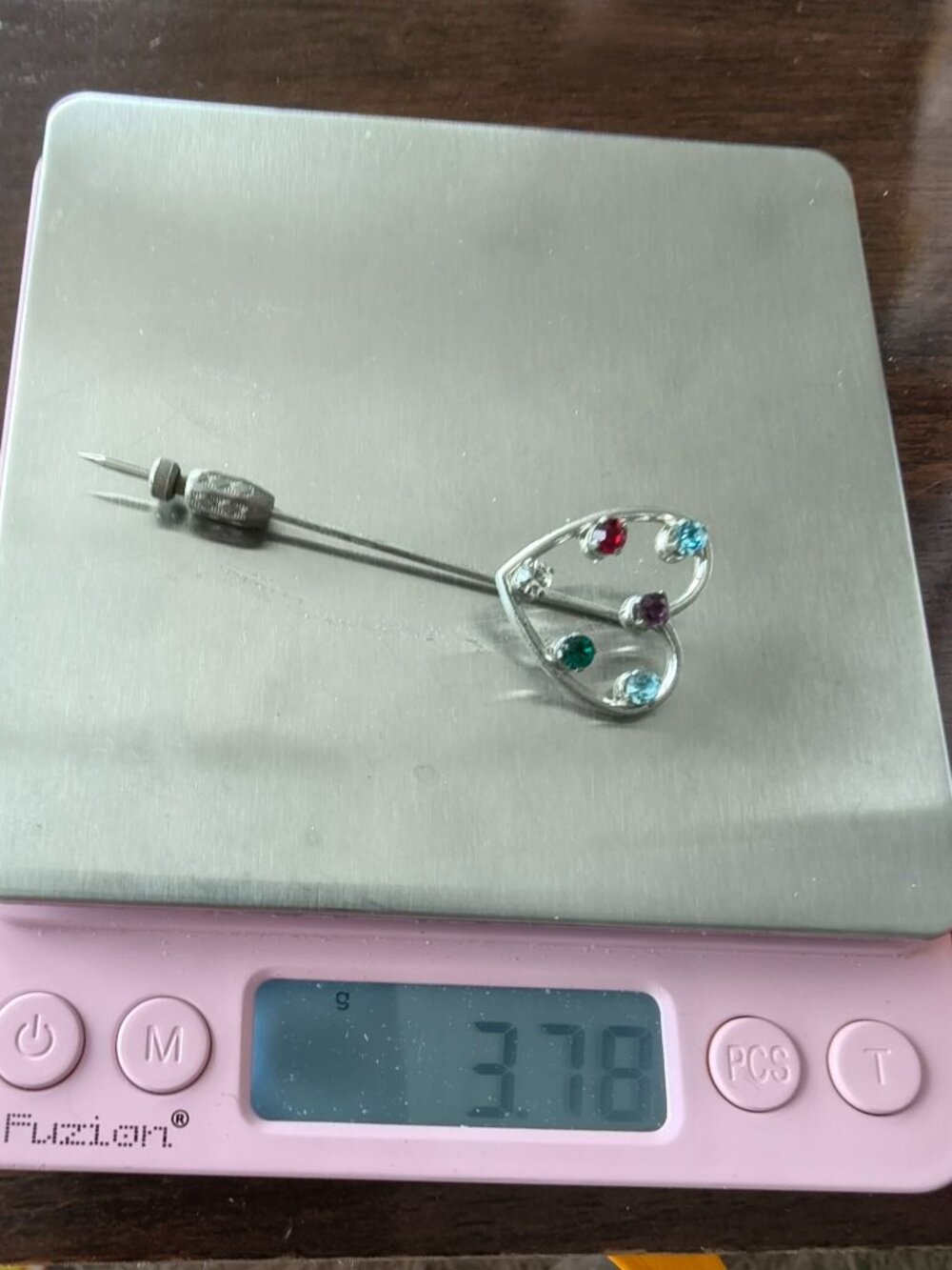 Vintage Anson Sterling Silver Heart Stick Pin With Multicolored Rhinestones - Picture 7 of 7